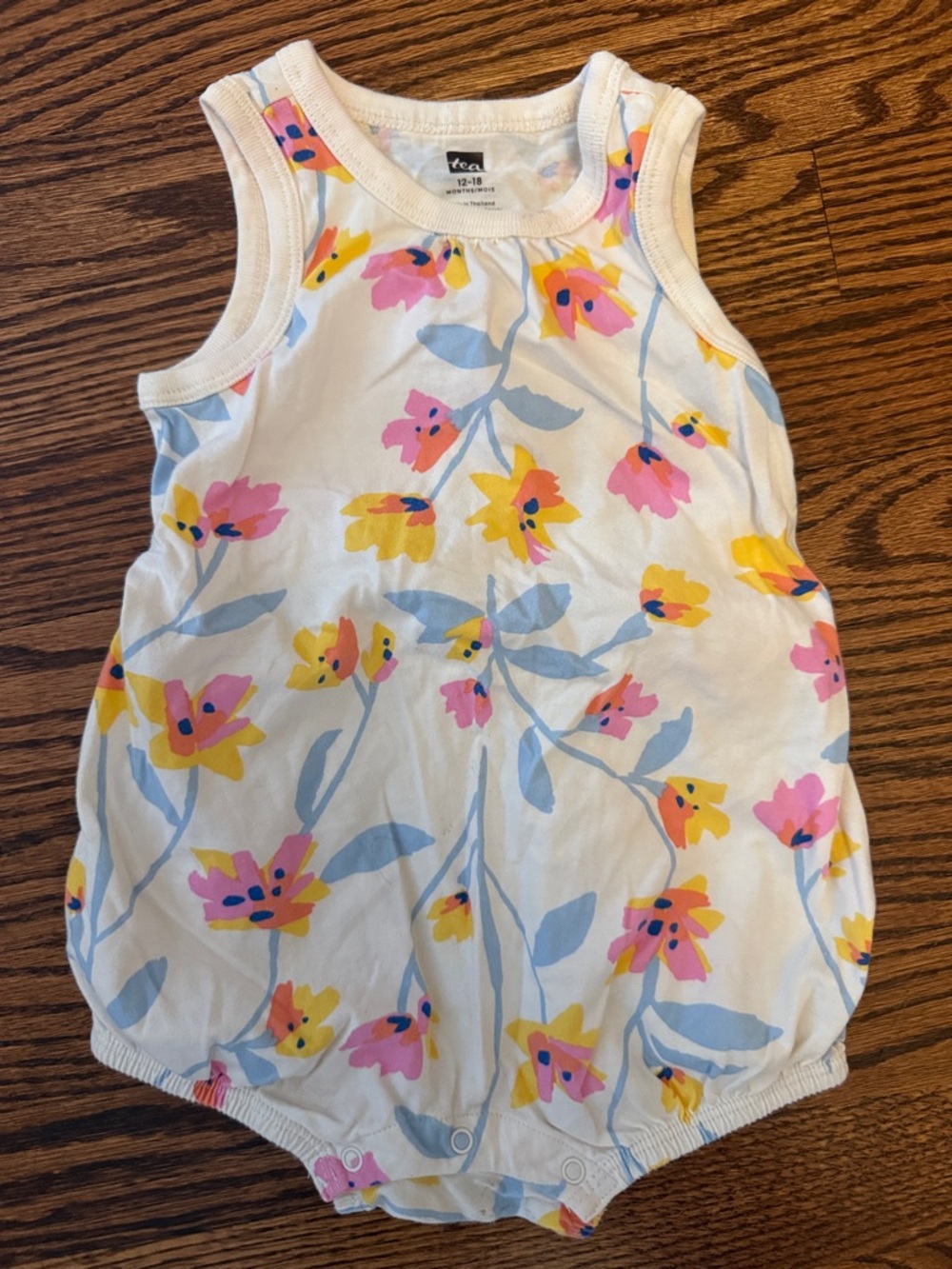 Tea Collection White Tank Romper with Pink, Yellow & Light Blue Floral Print